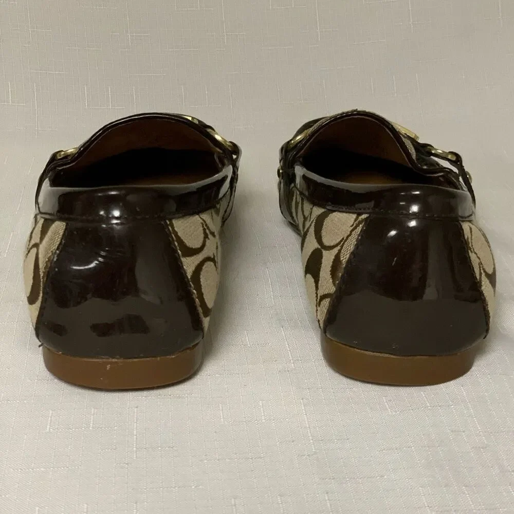 COACH Flats Women's 8 Felisha Signature C Loafer Khaki Tan Fabric Patent Leather
